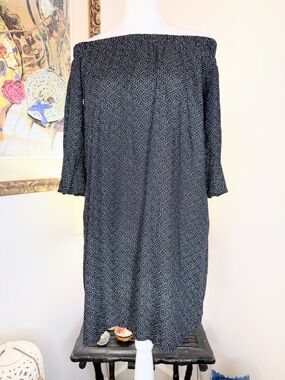 Old Navy Off Shoulder Dress XS Black Boho Peasant Shift Mini 3/4 Sleeve